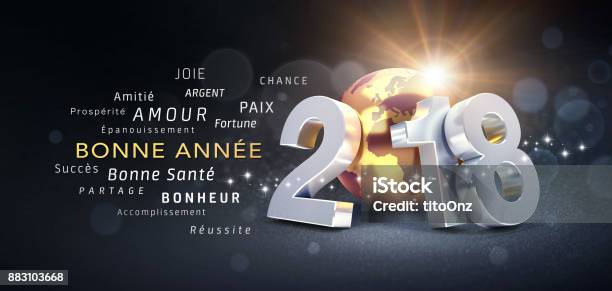 New Year 2018 Greeting Card In French Stock Photo - Download Image Now - 2018, Black Color, Business