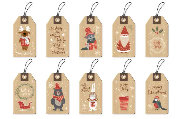Vector illustration of Christmas tags set, cartoon hand drawn style. Vector illustration.