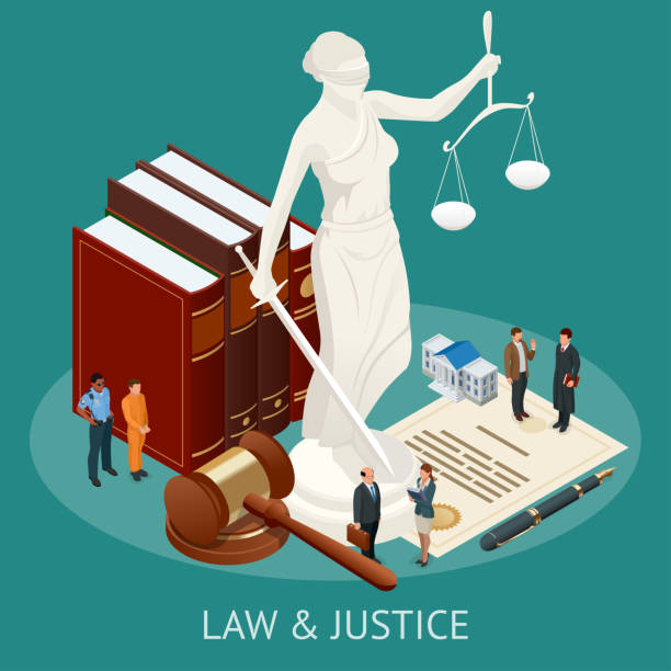 isometrische recht und gerechtigkeit konzept. gesetz thema, hammer des richters, waage der gerechtigkeit, bücher, statue der gerechtigkeit-vektor-illustration. - justitia stock-grafiken, -clipart, -cartoons und -symbole