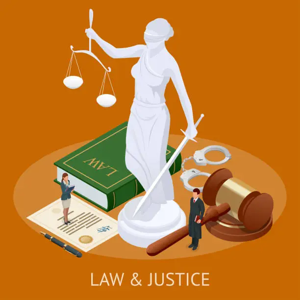 Vector illustration of Isometric Law and Justice concept. Law theme, mallet of the judge, scales of justice, books, statue of justice vector illustration.