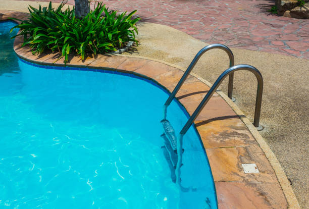 istock Grab bars ladder in blue swimming pool 883117482