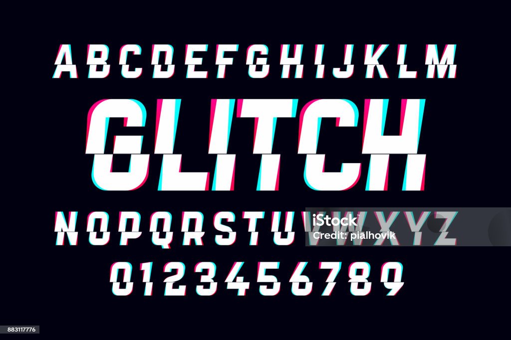 Trendy style distorted glitch typeface Trendy style distorted glitch typeface. Letters and numbers Problems stock vector