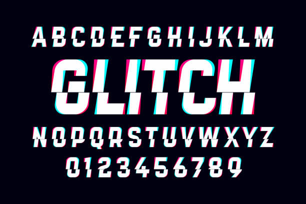 Trendy style distorted glitch typeface Trendy style distorted glitch typeface. Letters and numbers distorted font stock illustrations