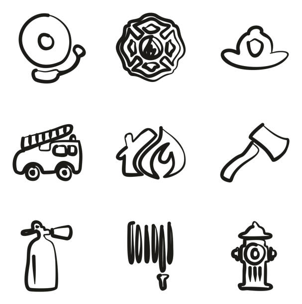 ilustraciones, imágenes clip art, dibujos animados e iconos de stock de bombero iconos a mano alzada - flash menu flash