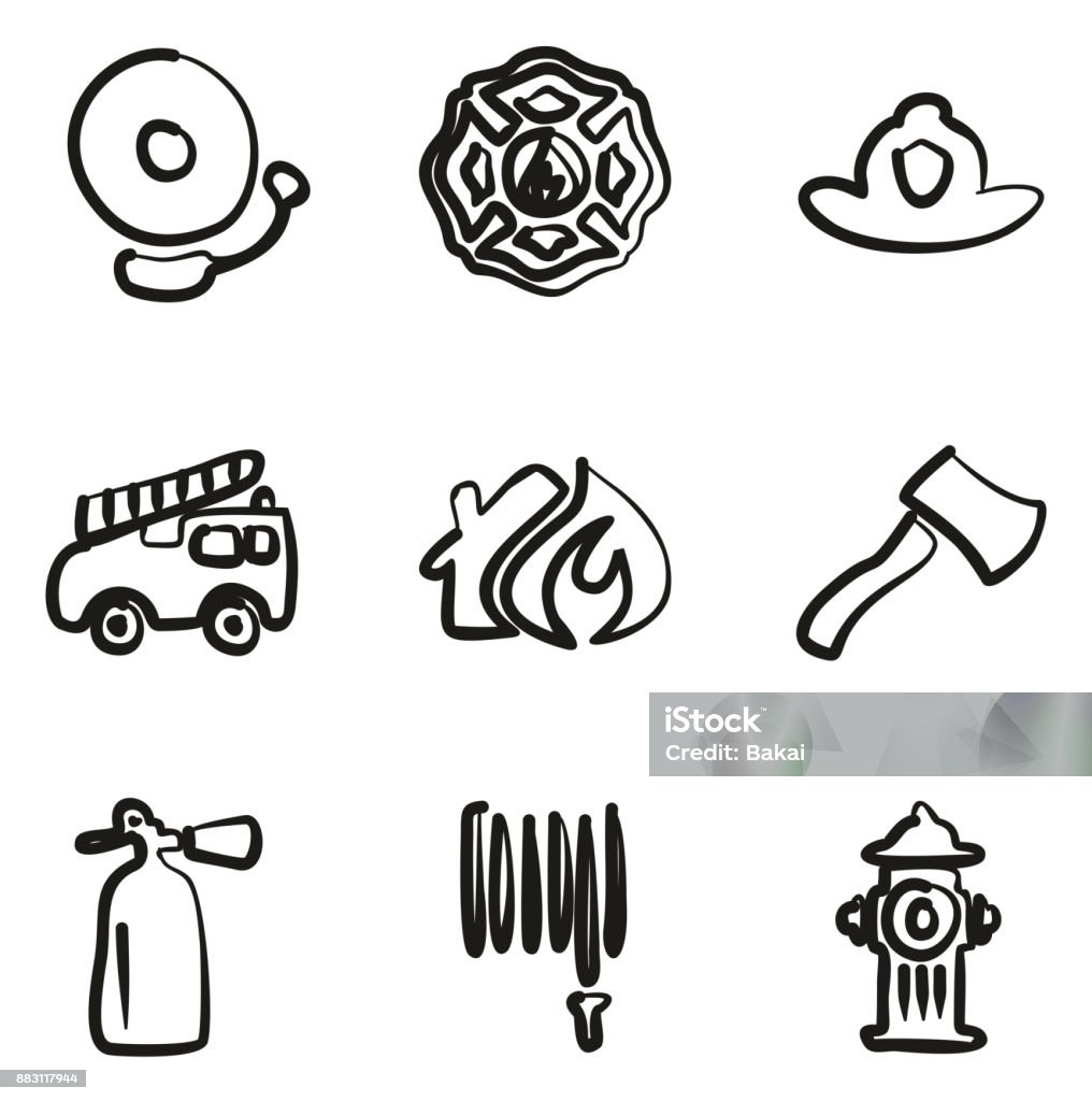 Fireman Icons Freehand This image is a vector illustration and can be scaled to any size without loss of resolution. Drawing - Art Product stock vector