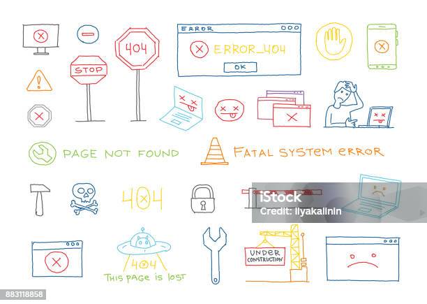 Hand Drawn Set 404 System Error Page Not Found Vector Sketch Stock Illustration - Download Image Now