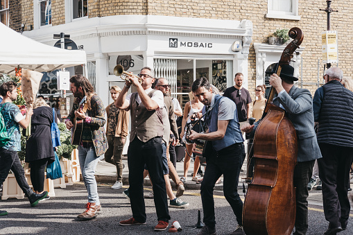Band performing at the Columbia Road Flower Market, a street market in East London that is open every Sunday.