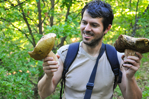 Happy man picking big boletus edulis or cap mushrooms in forest
