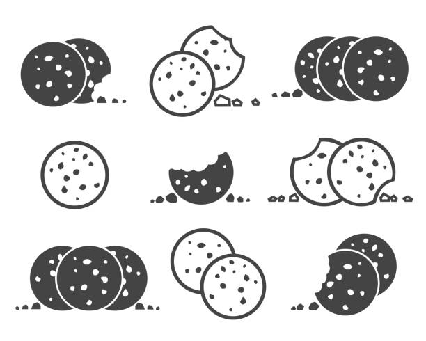 ilustraciones, imágenes clip art, dibujos animados e iconos de stock de conjunto de iconos de galletas chip mordido - baking food cookie breakfast