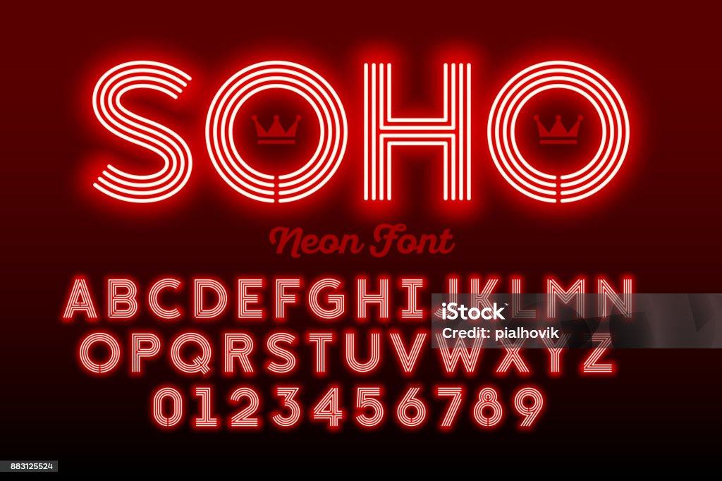 Neon style modern font Neon style modern font, alphabet and numbers Neon Lighting stock vector