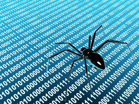 Danger - penetration into a computer of a virus from Internet. Metallic robot - spider on surface with binary code. 3d render