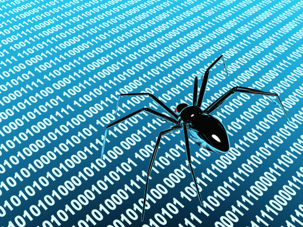 Metallic robot - spider on surface with binary code Danger - penetration into a computer of a virus from Internet. Metallic robot - spider on surface with binary code. 3d render robot spider stock pictures, royalty-free photos & images