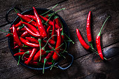 Red chili peppers shot from above on rustic wooden table