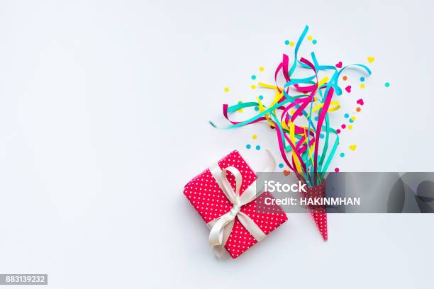Colorful Confettistreamers And Gift Boxflat Lay Stock Photo - Download Image Now - Business, Anniversary, Birthday