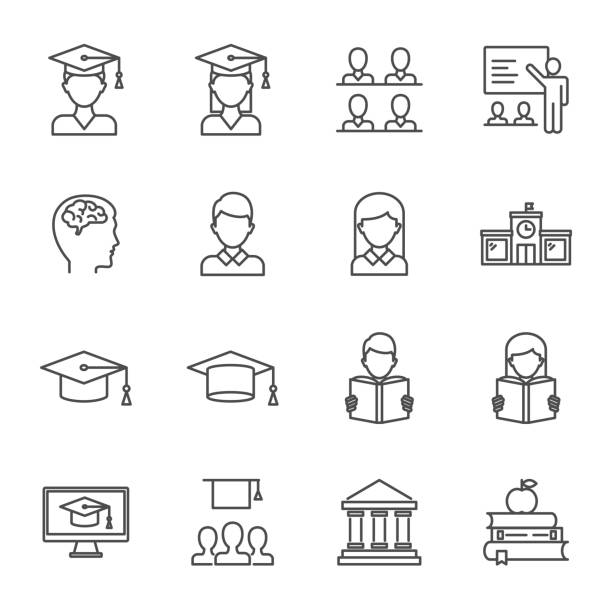 학생 들, 교육 세트 벡터 아이콘 선 스타일의 - graduate student stock illustrations