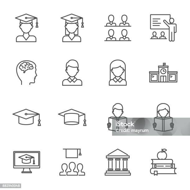 Students Education Set Of Vector Icons Line Style Stock Illustration - Download Image Now - Student, Education, Graduation