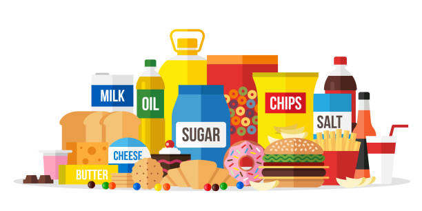 Processed food Vector illustration of processed food. Flat style. ready to eat stock illustrations