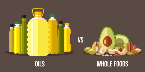 ilustraciones, imágenes clip art, dibujos animados e iconos de stock de aceites alimentos integrales vs - grasa saturada