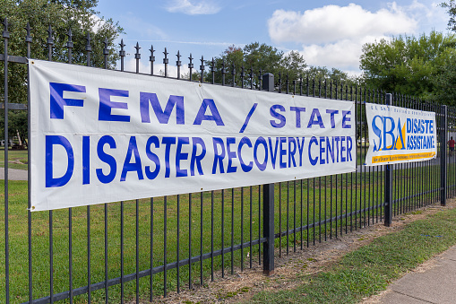 Houston, Texas - September 19, 2017: FEMA banner out the State of Texas/FEMA Disaster Recovery Center at the Bayland Community Center (Harris County) staffed with recovery specialists from FEMA,SBA, and State agencies