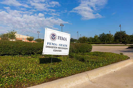 Missouri City, TX - September 16, 2017: FEMA sign posted outside the hurricane Harvey disaster recovery center staffed with recovery specialists from FEMA, US Small Business Administration, State and other agencies