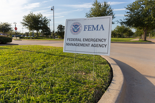 Missouri City, TX - September 9, 2017: FEMA sign posted outside the hurricane Harvey disaster recovery center staffed with recovery specialists from FEMA, US Small Business Administration, State and other agencies