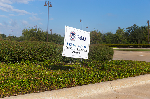 Missouri City, TX - September 16, 2017: FEMA sign posted outside the hurricane Harvey disaster recovery center staffed with recovery specialists from FEMA, US Small Business Administration, State and other agencies