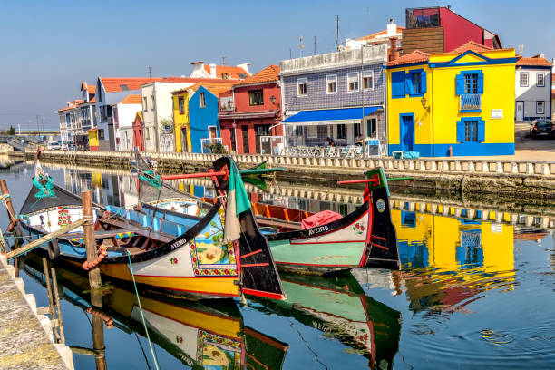 View of colorful moliceiro boats and buildings in Aveiro, Portugal. stock photo