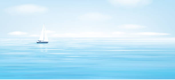 illustrations, cliparts, dessins animés et icônes de mer de vecteur bleu, fond de ciel et yacht. - mer horizon bleu