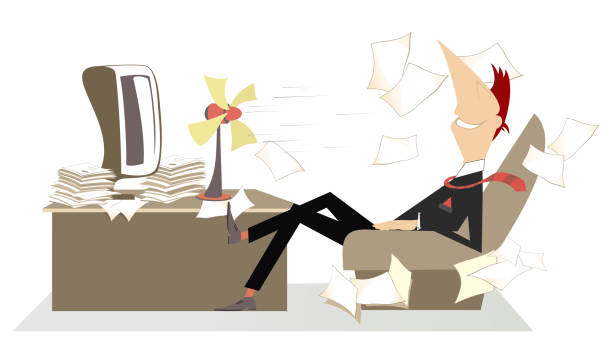istock Heat in the office, man, fan and flying away papers 883150936