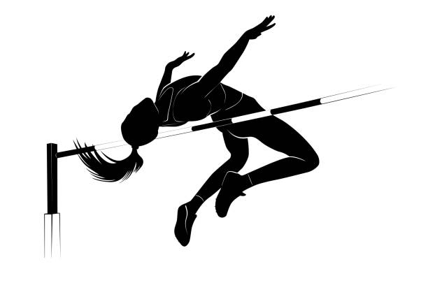 illustrazioni stock, clip art, cartoni animati e icone di tendenza di atleta donna vettoriale salto in alto silhouette - lanci e salti femminile