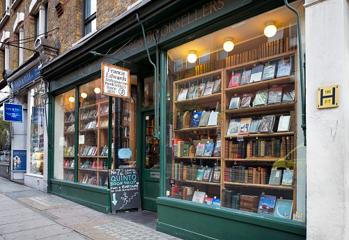 The front of an antiquarian book shop in Charing Cross Road, central London. Charing Cross Road is well known for its large quantity of book shops, many of them secondhand, specialist or antiquarian.