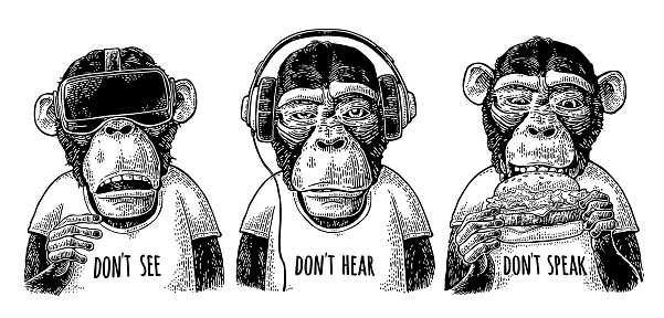 Three wise monkeys with headphones, virtual reality headset and burger. Don't see, don't hear, don't speak handwriting lettering. Vintage black engraving illustration isolated on white background