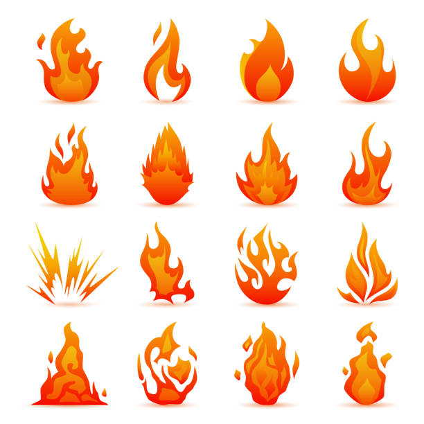 illustrations, cliparts, dessins animés et icônes de ensemble de vecteur d’icônes de feu et des flammes. flammes colorées dans le style de plat. simple, icônes bonfire - feu illustrations