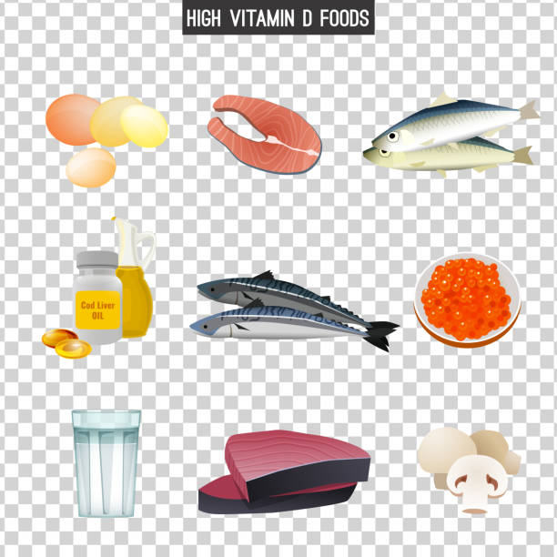 illustrazioni stock, clip art, cartoni animati e icone di tendenza di vitamina d nel cibo - fish oil illustrations