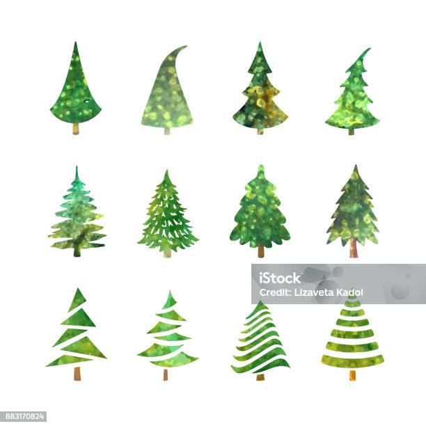 Set Di Icone Dellalbero Di Natale - Immagini vettoriali stock e altre immagini di Dipinto ad acquerelli - Dipinto ad acquerelli, Natale, Albero di natale