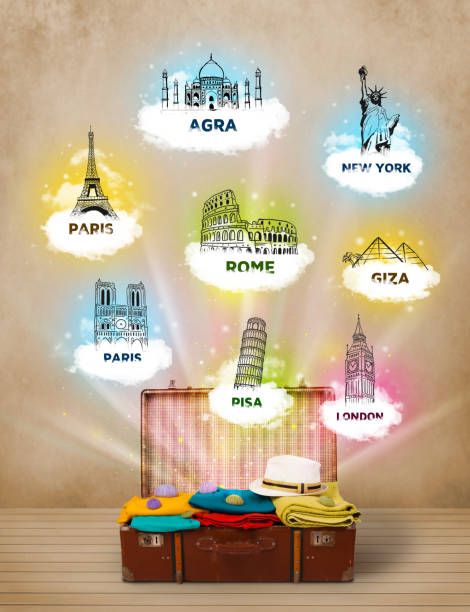 Tourist suitcase with famous landmarks around the world