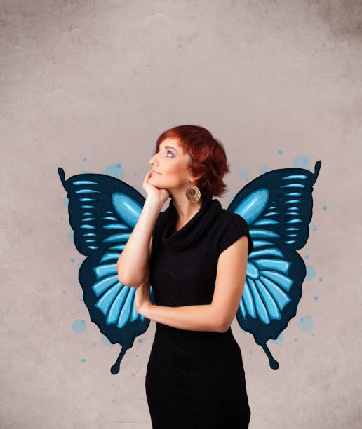 istock Young girl with butterfly blue illustration on the back 883181128