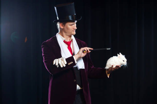istock Magician with rabbit, Juggler man, Funny person, Black magic, Illusion on a black background 883184256