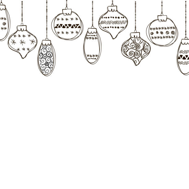 Set of vector illustration of christmas bauble Banner with row of hanging Christmas Baubles isolated on a white background. Outline vector illustration of border with hand drawn ball. Good for party posters, cards, website headers pine log state forest stock illustrations