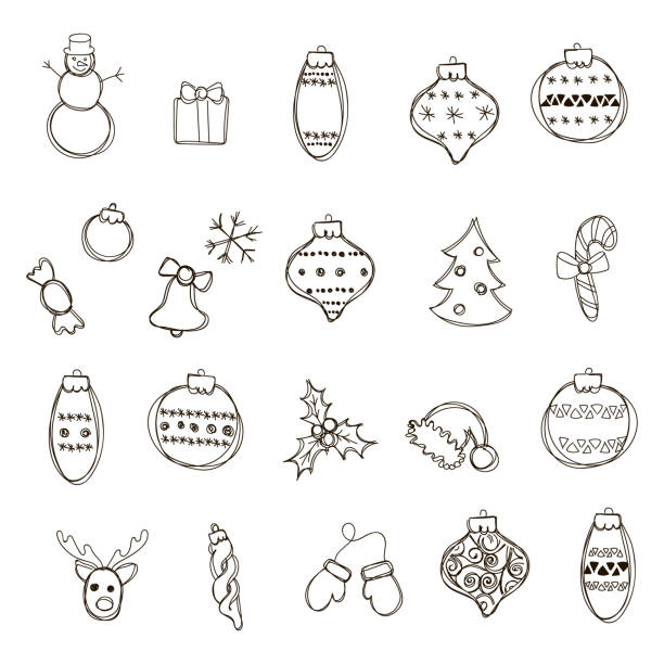 Set of vector illustration of christmas bauble Banner with row of hanging Christmas Baubles isolated on a white background. Outline vector illustration of border with hand drawn ball. Good for party posters, cards, website headers pine log state forest stock illustrations