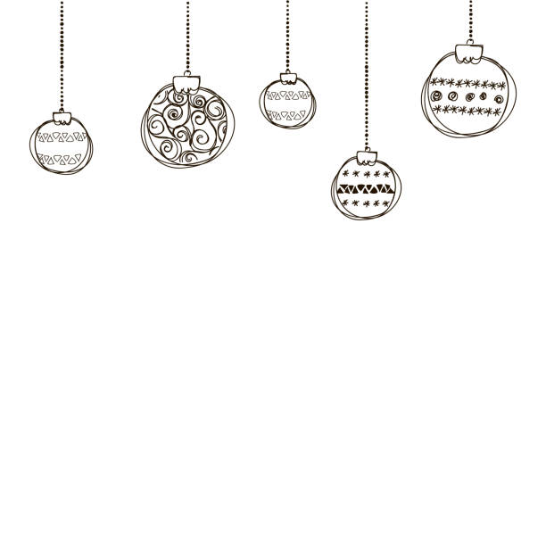 Set of vector illustration of christmas bauble Banner with row of hanging Christmas Baubles isolated on a white background. Outline vector illustration of border with hand drawn ball. Good for party posters, cards, website headers pine log state forest stock illustrations