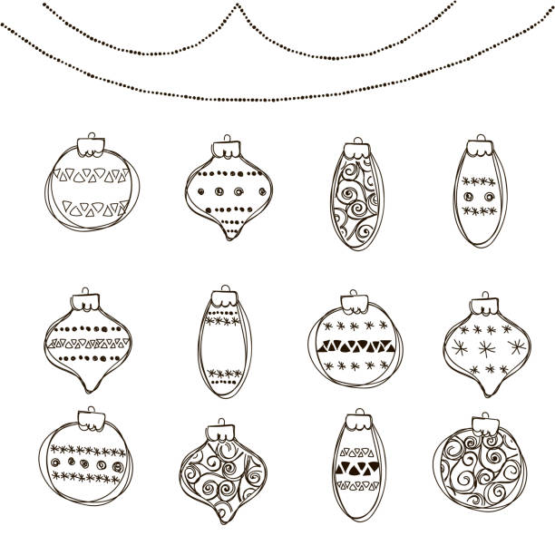 Set of vector illustration of christmas bauble Banner with row of hanging Christmas Baubles isolated on a white background. Outline vector illustration of border with hand drawn ball. Good for party posters, cards, website headers pine log state forest stock illustrations