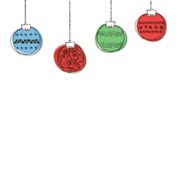 Set of vector illustration of christmas bauble Banner with row of hanging Christmas Baubles isolated on a white background. Outline vector illustration of border with hand drawn ball. Good for party posters, cards, website headers pine log state forest stock illustrations