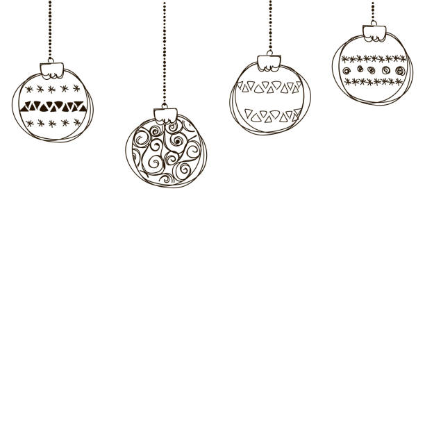 Set of vector illustration of christmas bauble Banner with row of hanging Christmas Baubles isolated on a white background. Outline vector illustration of border with hand drawn ball. Good for party posters, cards, website headers pine log state forest stock illustrations