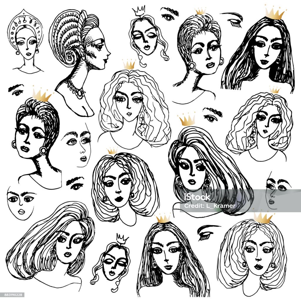 Set of vector hand drawn beautiful women head with golden crown of princesses on a white background. Black and white monochrome sketch, adult and children coloring book page, tee shirt print Abstract stock vector