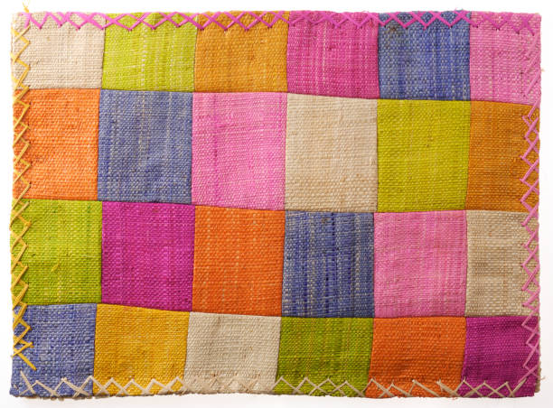 closeup at colorful patchwork table mat - seam macro rough striped imagens e fotografias de stock