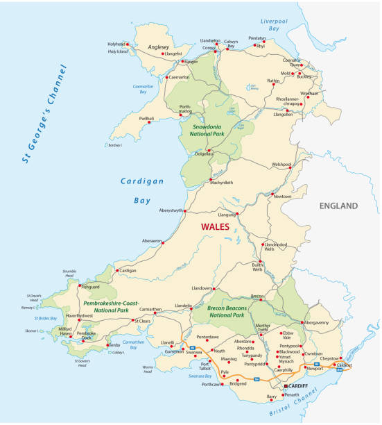 wales road and national park map wales road and national park vector map wrexham stock illustrations