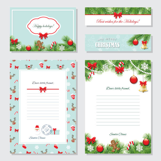 Christmas and Happy New Year templates set. Christmas Templates Set. Greeting cards, Banners, Letters from Santa Claus, labels and stickers santa letter stock illustrations