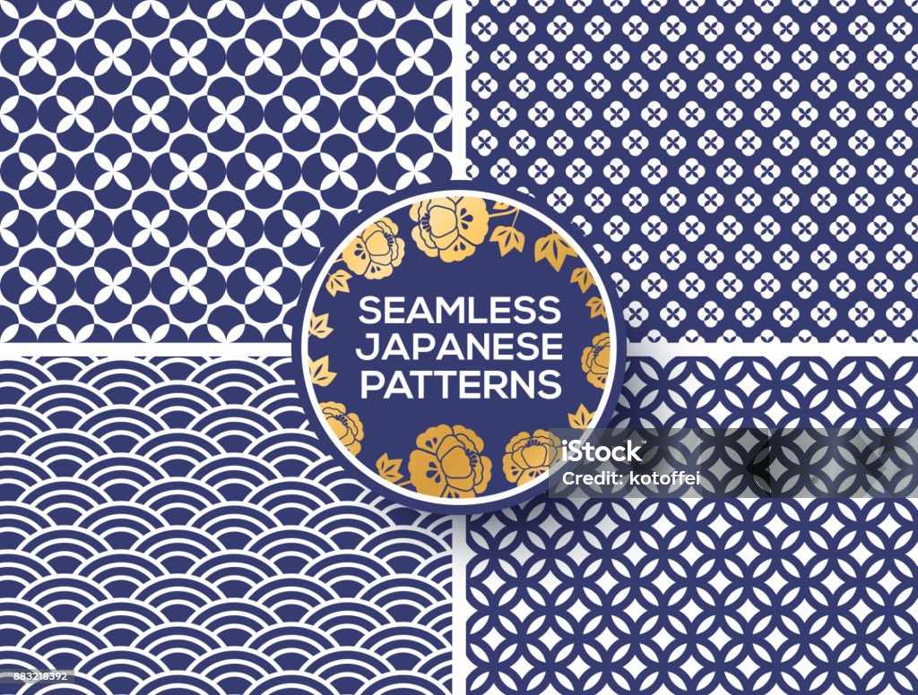 Japanese blue seamless patterns Japanese blue seamless patterns set with peony circle label or emblem. Vector illustration. Wave seigaiha ornament Japanese Culture stock vector