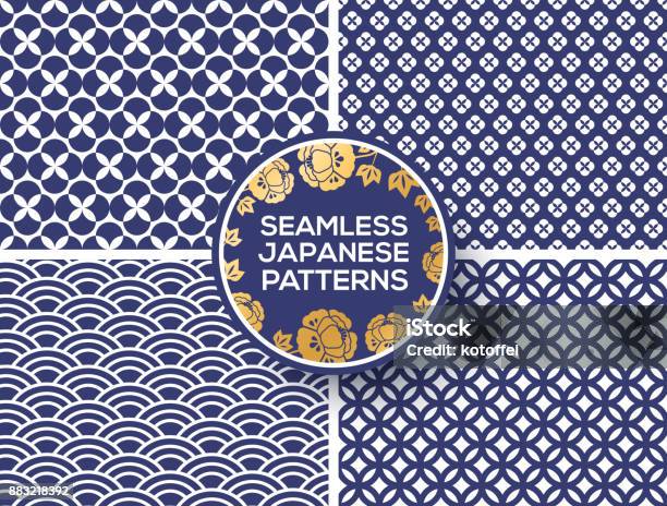 Japanese Blue Seamless Patterns Stock Illustration - Download Image Now - Japanese Culture, Circle, Sea